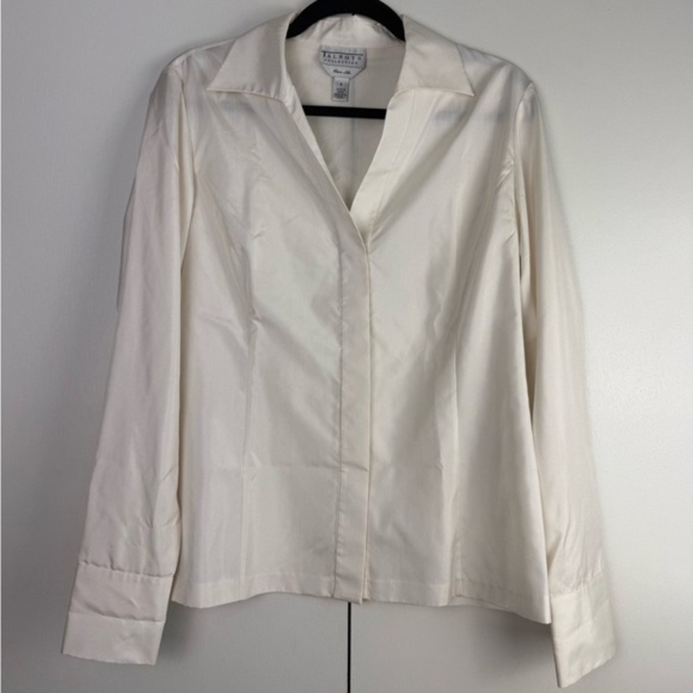Talbots Collection Ivory 100% Pure Silk Hidden Button Long Sleeve Blouse Size 8